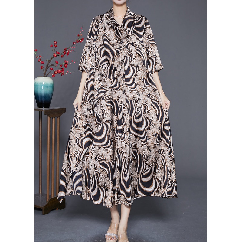 Bohemian Khaki Turtle Neck Print Chiffon Long Dress Summer