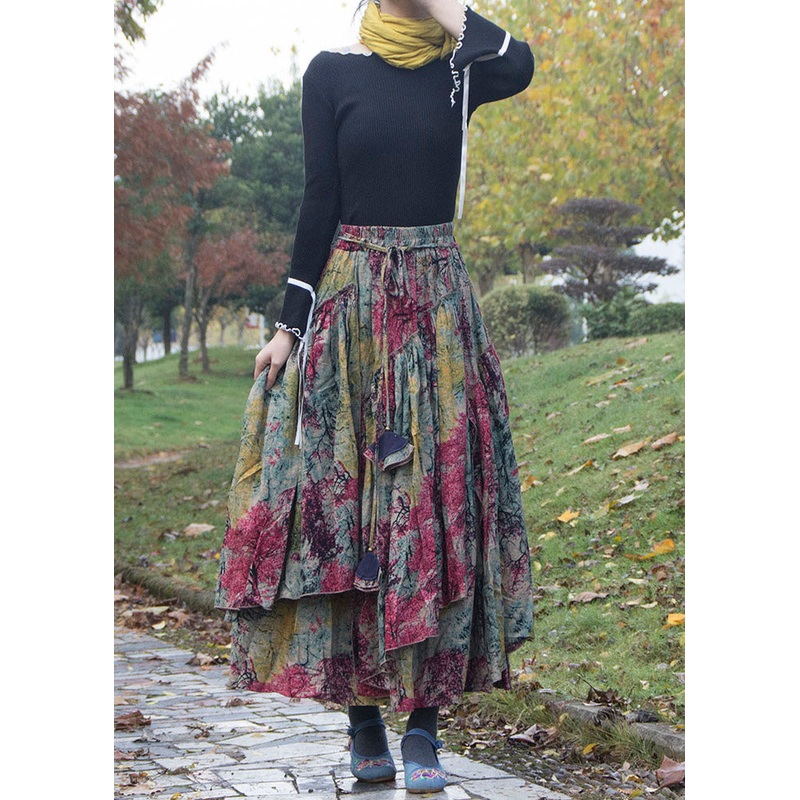 Bohemian Print Wrinkled Asymmetrical Patchwork Cotton Skirts Fall