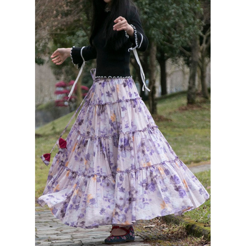Bohemian Purple Wrinkled Print Patchwork Cotton Skirts Summer