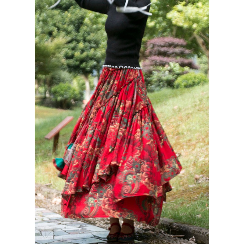 Bohemian Red Cinched Print Patchwork Exra Large Hem Cotton Skirts Fall
