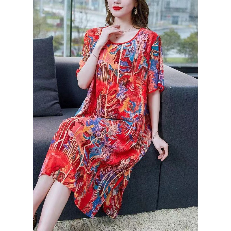 Bohemian Red O Neck Print Patchwork Silk Mid Dress Summer
