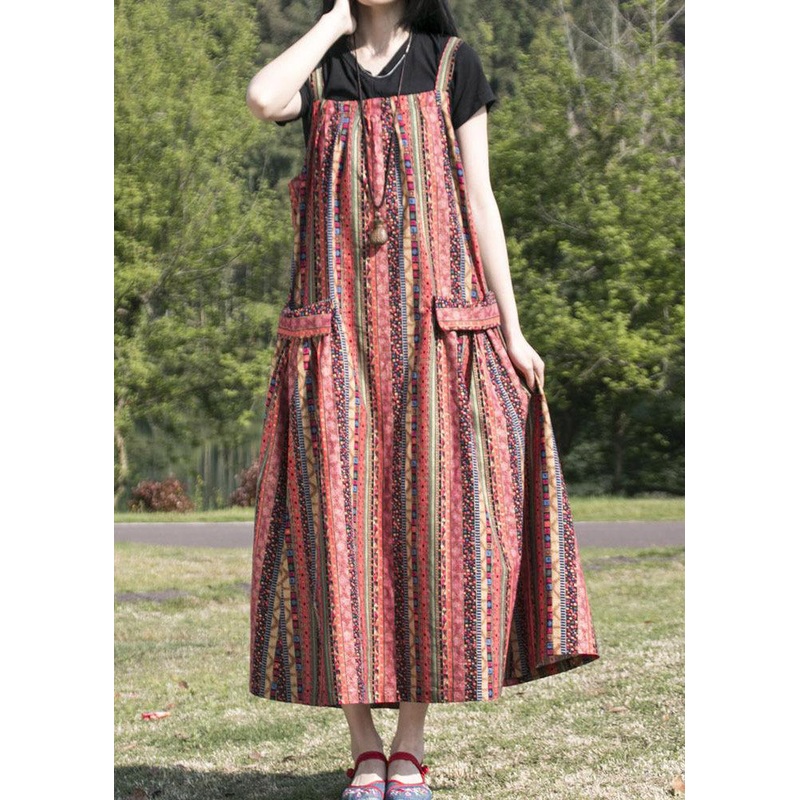 Bohemian Red Striped Patchwork Cotton Spaghetti Strap Dress Fall