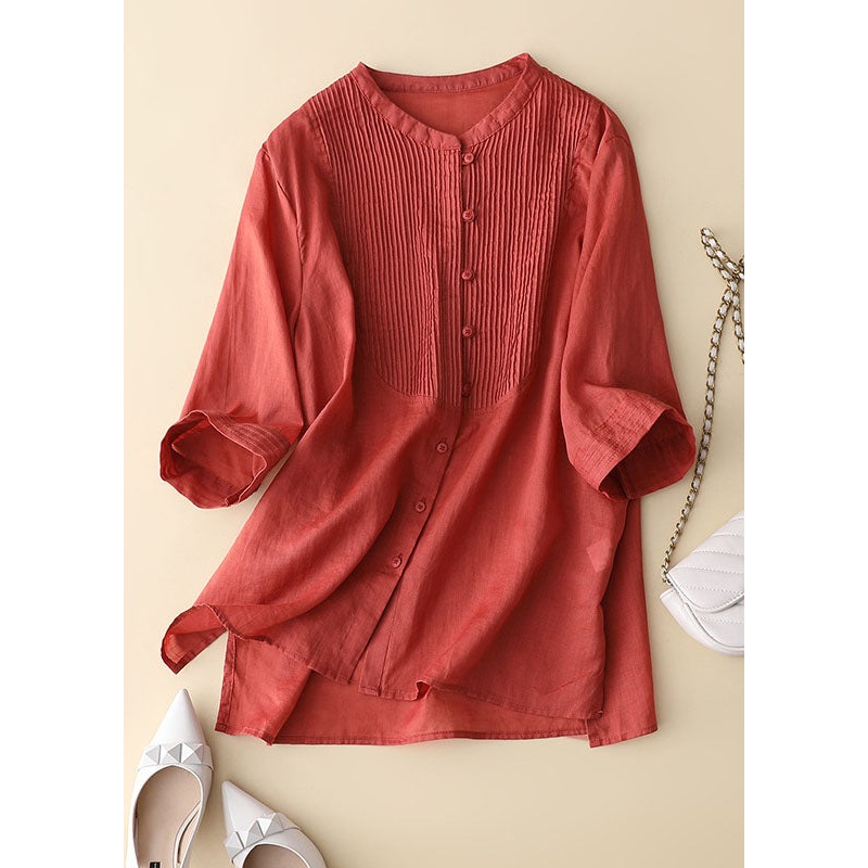 Bohemian Red Wrinkled Patchwork Linen Shirt Tops Bracelet Sleeve