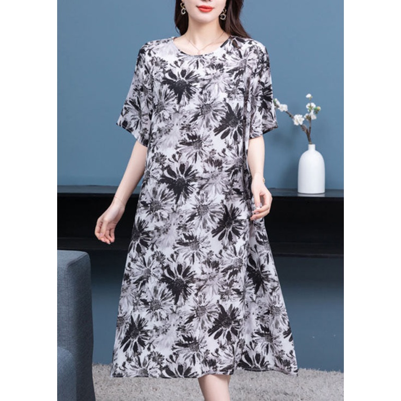 Boho Black Grey O Neck Print Patchwork Chiffon Dresses Half Sleeve