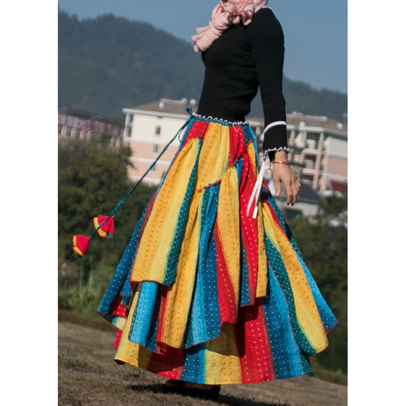 Boho Colorblock Striped Asymmetrical Design Patchwork Cotton Skirts Fall