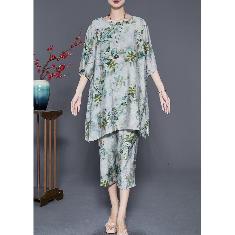 Boho Green O-Neck Leaf Print Linen Two Pieces Set Summer