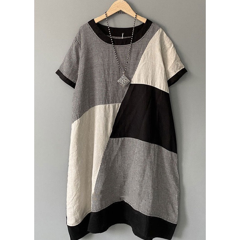 Boho Plaid Print O Neck Patchwork Cotton Mid Dress Summer