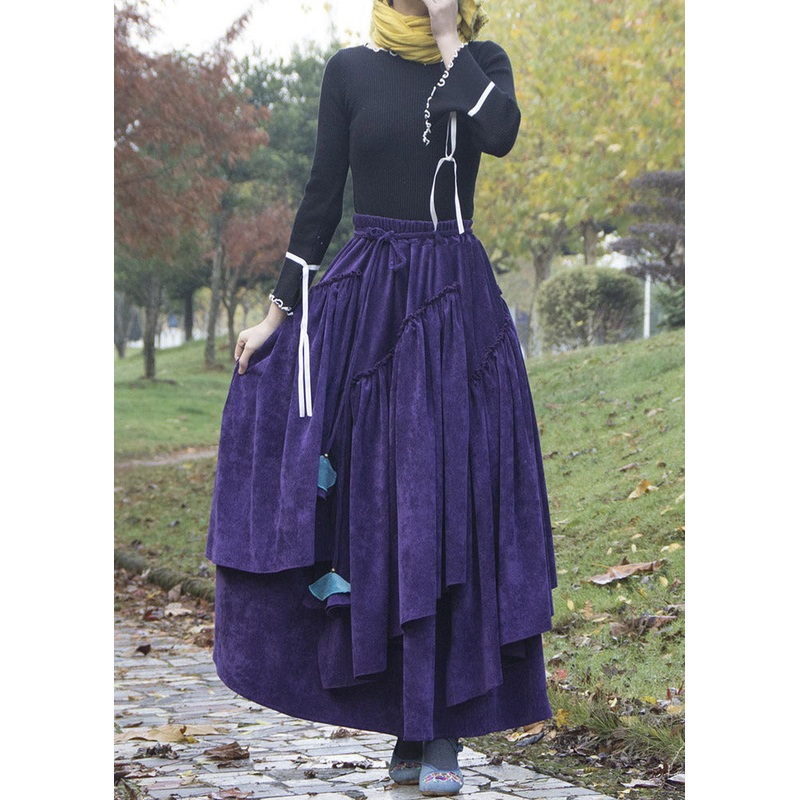 Boho Purple Wrinkled Asymmetrical Patchwork Corduroy Skirts Fall