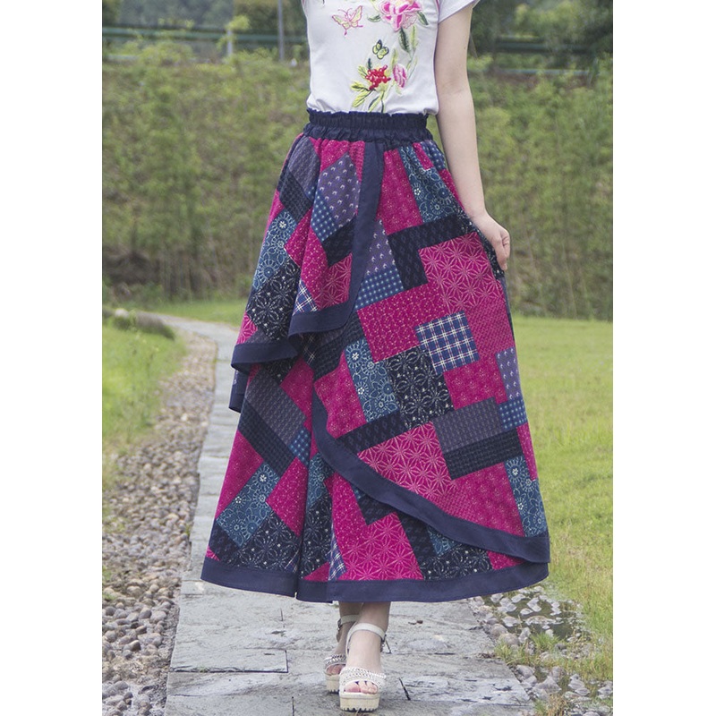 Boho Red Plaid Wrinkled Asymmetrical Patchwork Linen Skirts Fall