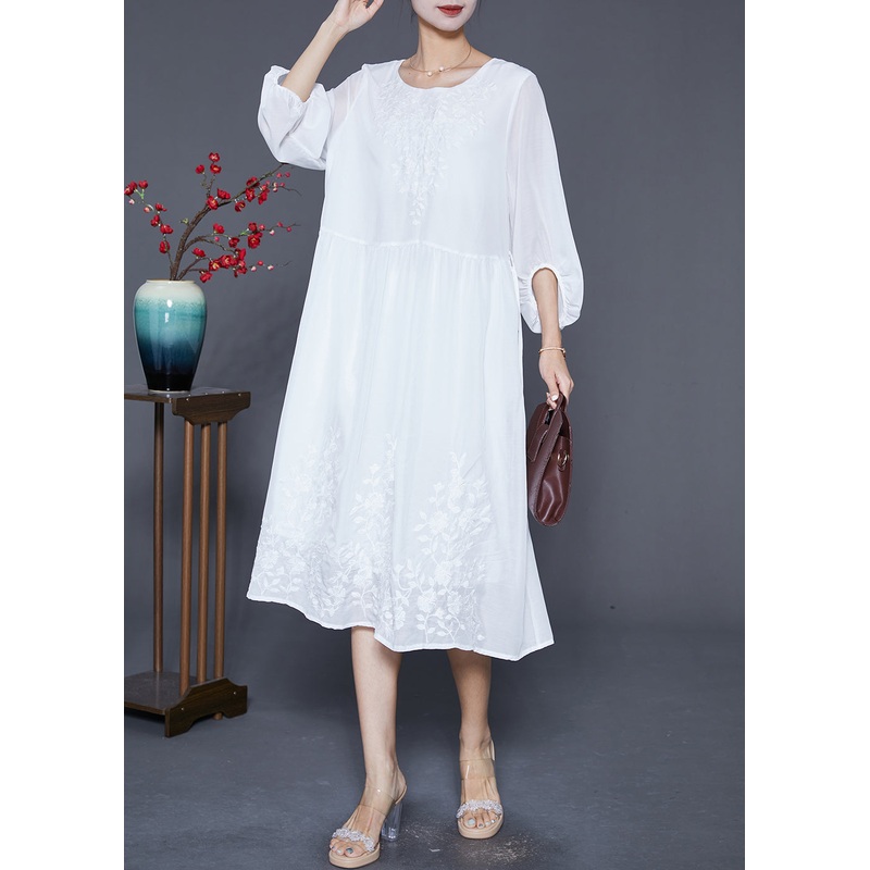 Boho White Embroideried Oversized Cotton Dress Lantern Sleeve