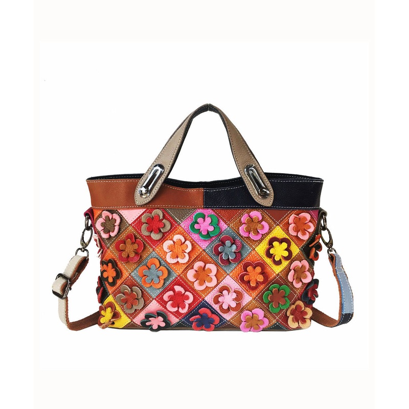 Boutique Plaid Floral Patchwork Calf Leather Tote Handbag