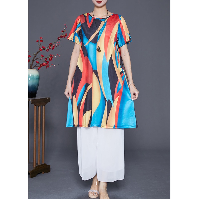 Boutique Red Blue Oversized Print Ice Silk Mini Dress Summer