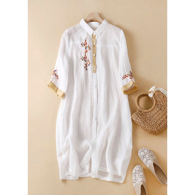 Boutique White Peter Pan Collar Embroideried Patchwork Linen Shirts Dresses Summer