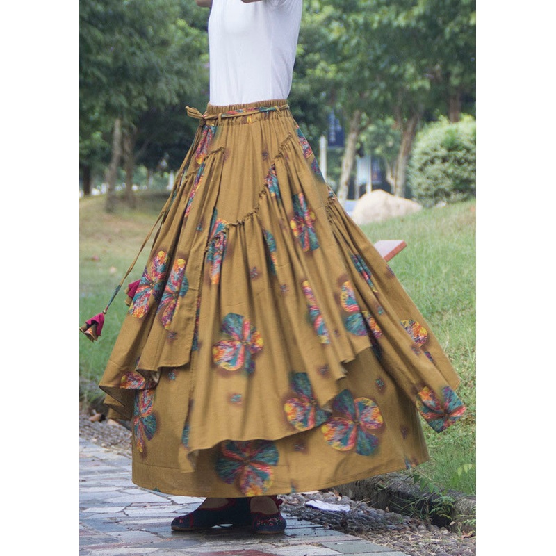 Boutique Yellow Wrinkled Asymmetrical Print Patchwork Linen Skirt Fall