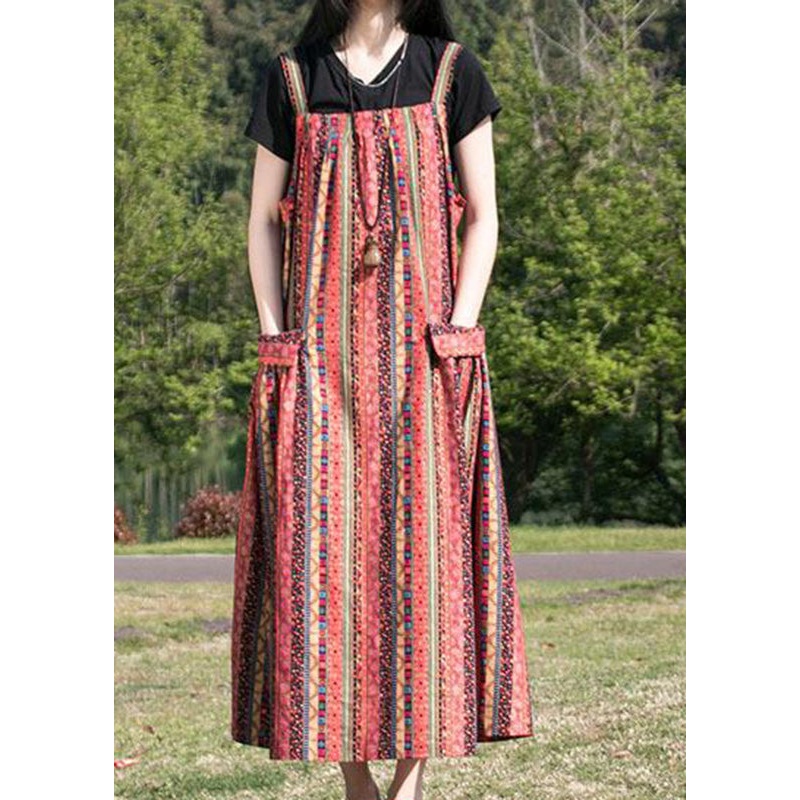 Casual Red Slash Neck Maxi Striped Patchwork Spaghetti Dress Summer