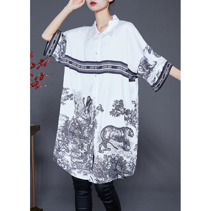 Casual White Oversized Print Ice Silk Shirt Dress Summer