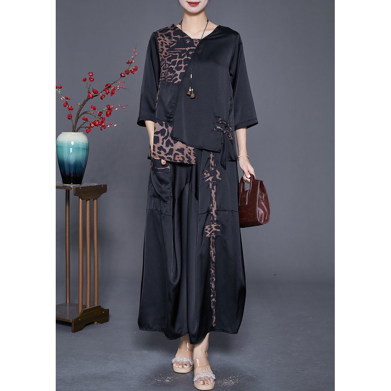 Chic Black Asymmetrical Patchwork Leopard Silk Two Pieces Set Summer