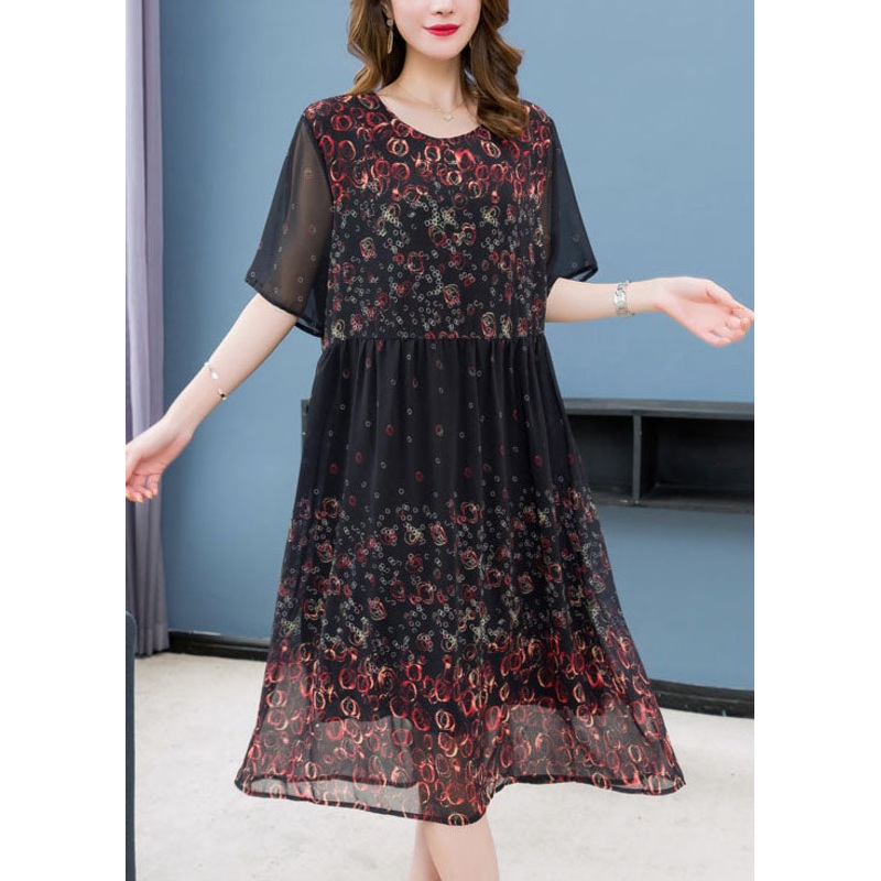 Chic Black O Neck Print Wrinkled Patchwork Chiffon Dress Summer