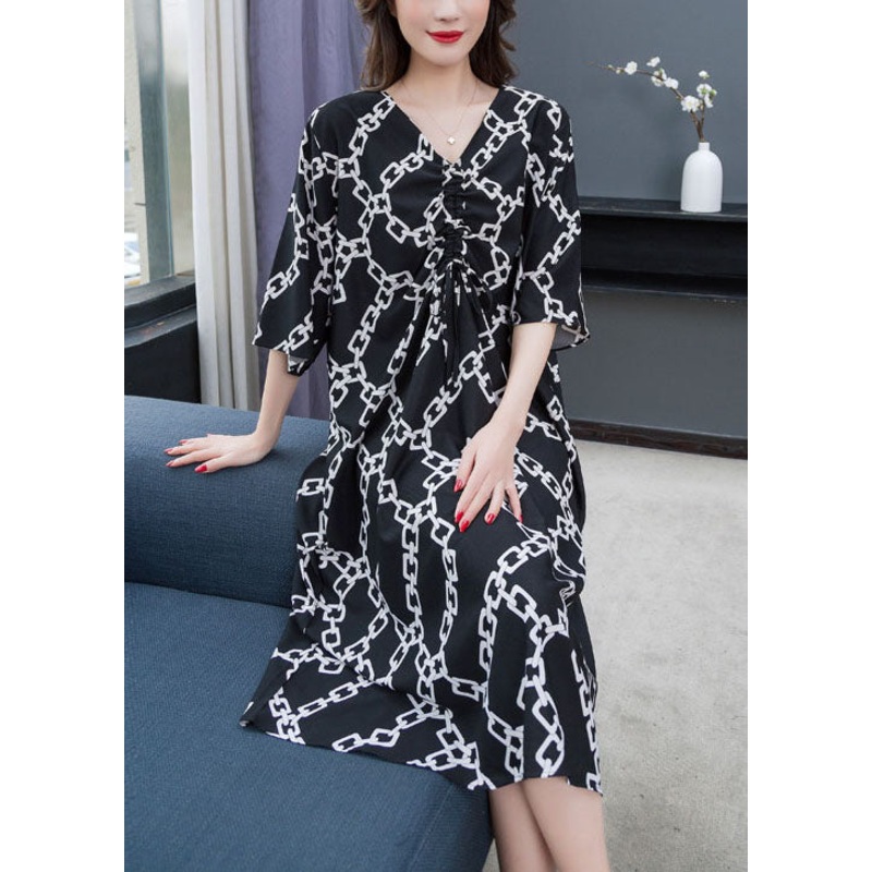 Chic Black V Neck Print Wrinkled Patchwork Chiffon Dress Summer