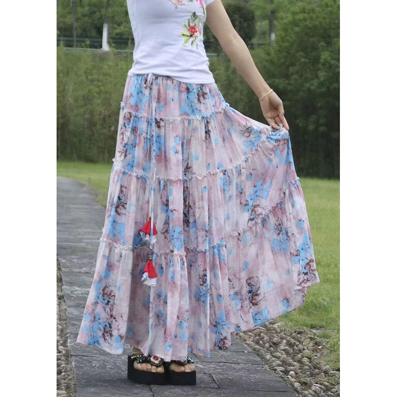 Classy Pink Wrinkled Print Patchwork Exra Large Hem Cotton Skirts Summer