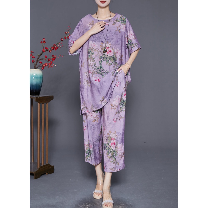Classy Purple Oversized Print Linen Two Pieces Set Summer