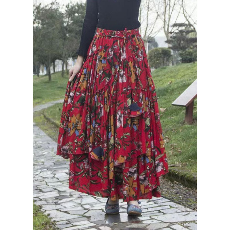 Classy Red Ruffled Patchwork Floral Tie Waist A Line Skirt