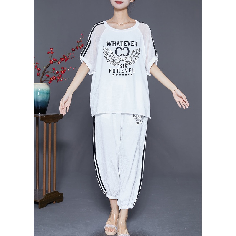 Classy White Oversized Print Linen Silk Two Pieces Set Summer