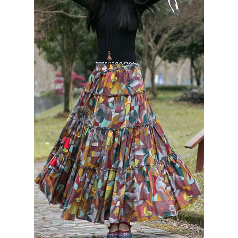 Coffee Print Patchwork Cotton Skirts Exra Large Hem Wrinkled Summer