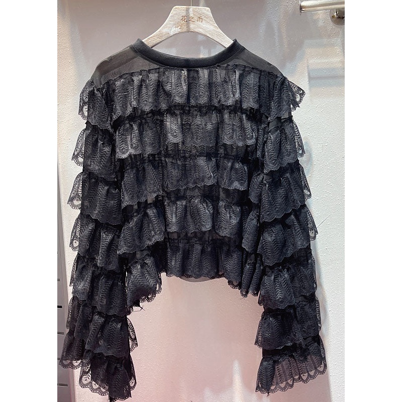 DIY Black O Neck Ruffled Layered Patchwork Lace Blouses Long Sleeve