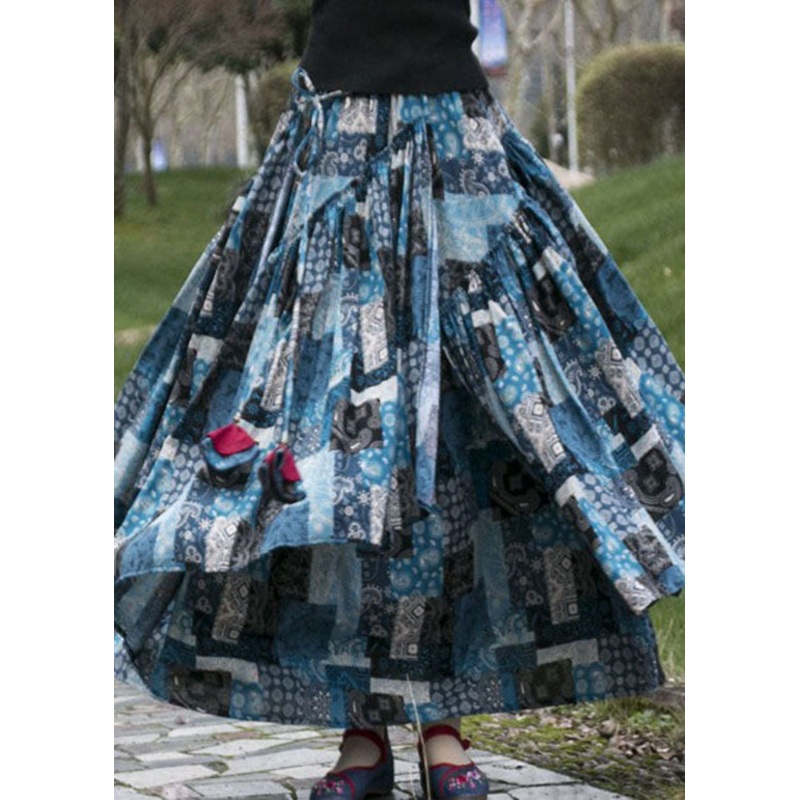 DIY Blue Wrinkled Asymmetrical Print Patchwork Cotton Skirts Fall