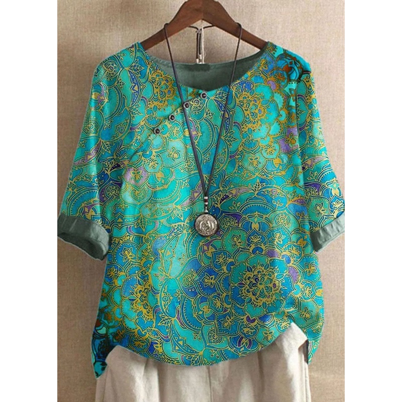 DIY Green O Neck Print Patchwork Cotton T Shirts Tops Summer