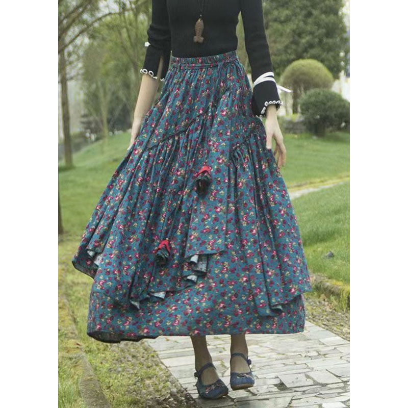 DIY Grey Green Asymmetrical Floral Print Tie Waist Long Skirt Fall