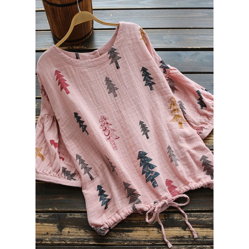 DIY Pink O Neck Print Cinched Patchwork Cotton Shirt Top Summer