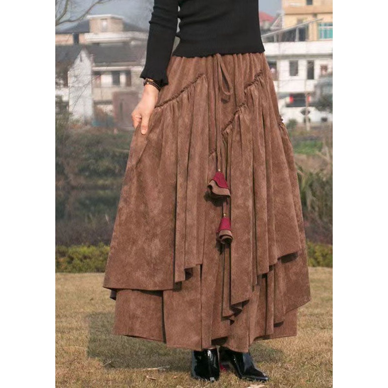 Elegant Brown Elastic Waist Solid Corduroy A Line Skirts