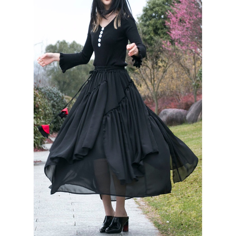 Fine Black Wrinkled Asymmetrical Patchwork Chiffon Skirts Summer