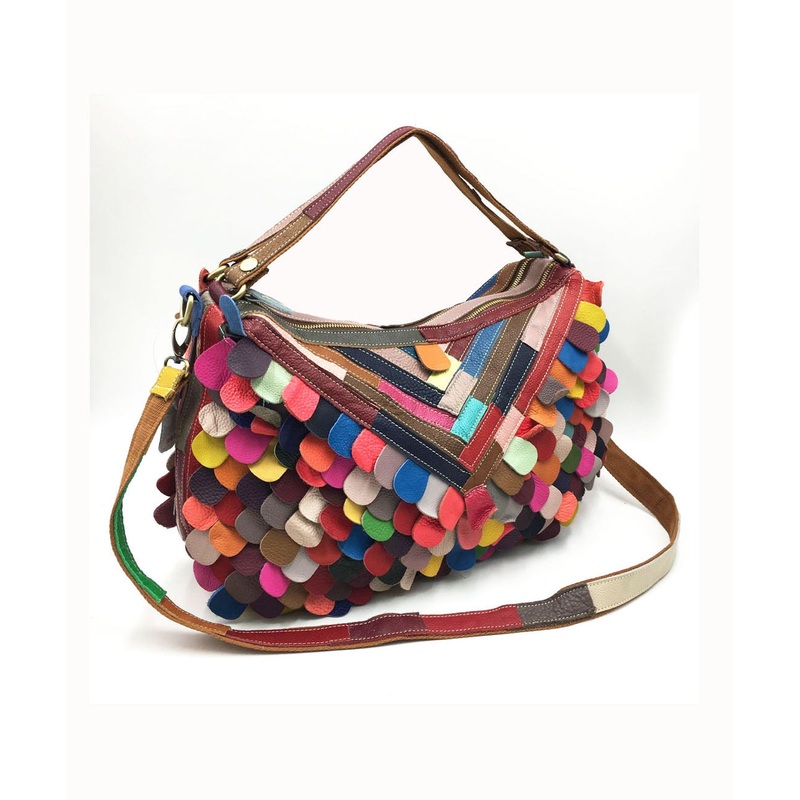 Fine Multi Color Patchwork Zippered Calf Leather Satchel Handbag