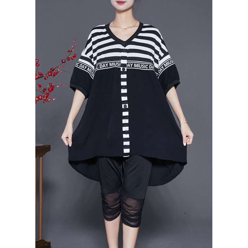 Fitted Black Striped Low High Design Cotton Two Pieces Set Summer