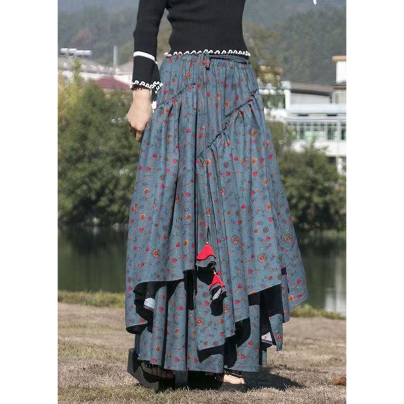 French Dark Grey Floral Tie Waist Print Wrinkled A Line Skirts Fall