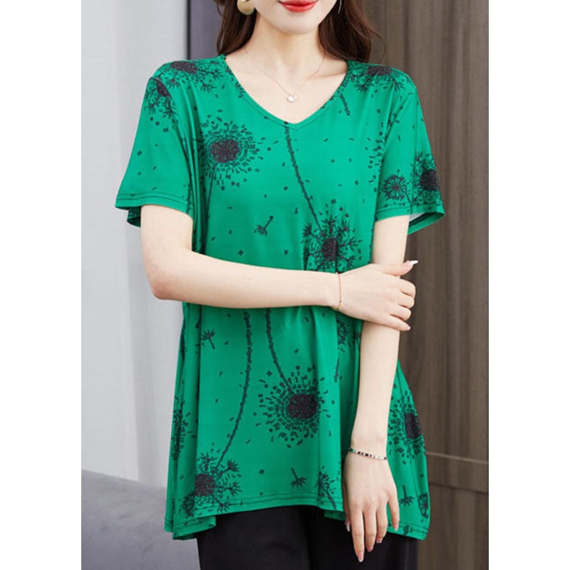 French Green V Neck Print Patchwork Cotton T Shirt Top Summer