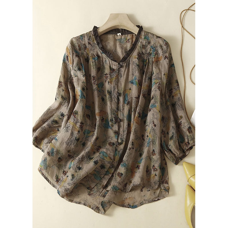 Grey Print Patchwork Linen Top Ruffled Button Summer