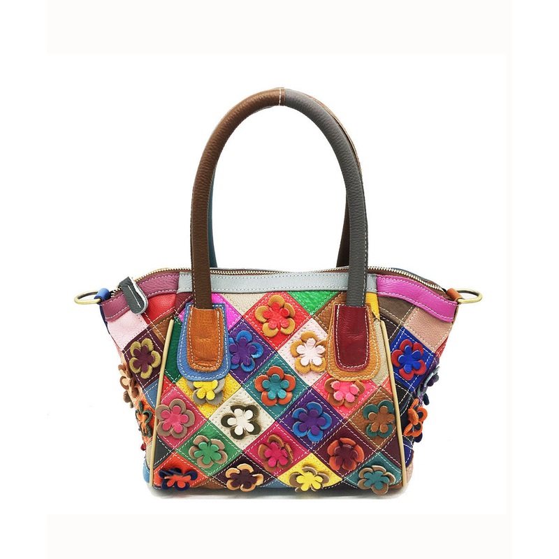 Handmade Colorblock Floral Patchwork Calf Leather Tote Handbag