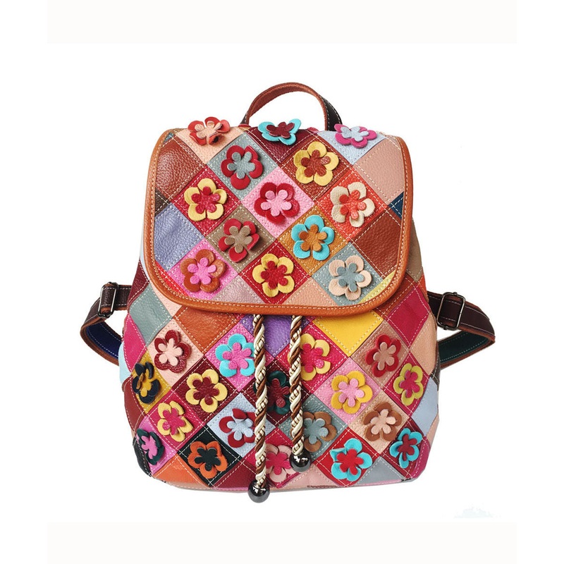 Handmade Multi Color Floral Patchwork Calf Leather Backpack Bag