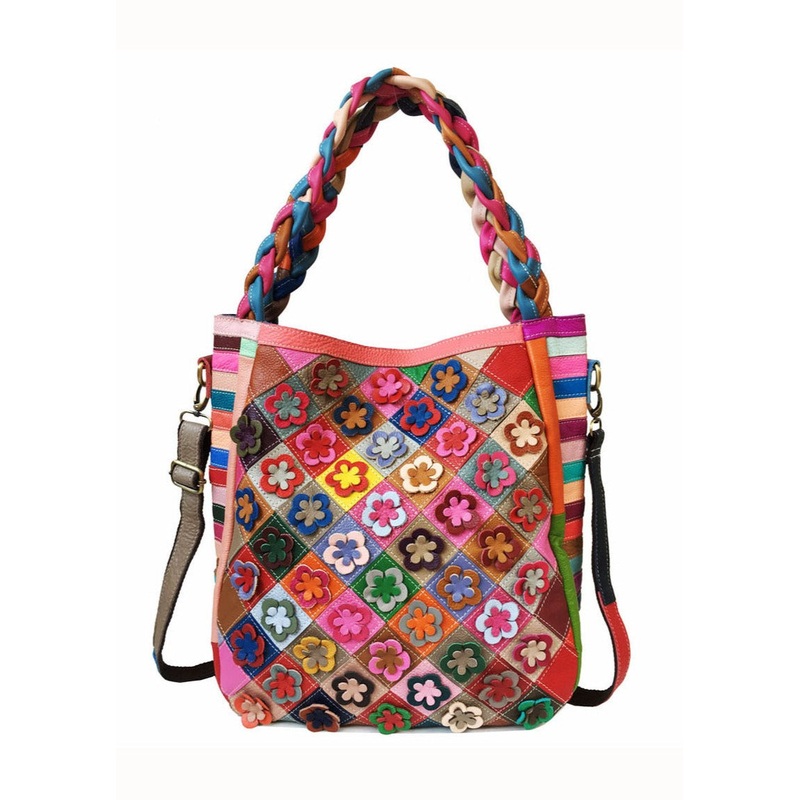 Handmade Multi Color Floral Patchwork Calf Leather Satchel Handbag