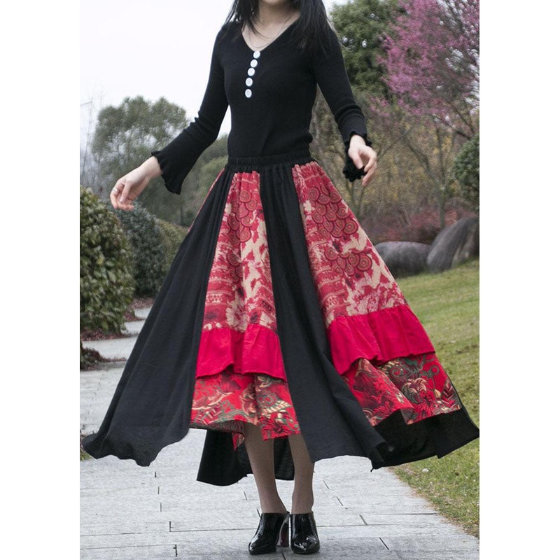 Handmade Red Print Wrinkled Asymmetrical Patchwork Cotton Skirts Fall