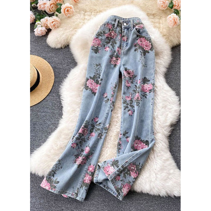Italian Blue Print Pockets Patchwork Denim Straight Pants Summer