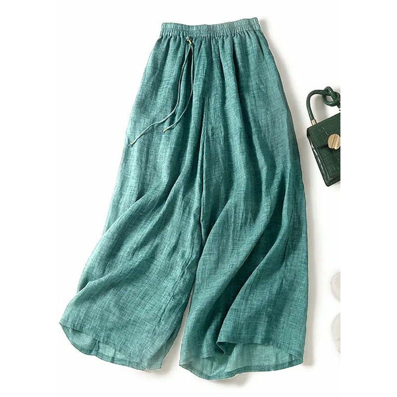 Italian Green Tasseled Patchwork Linen Wide Leg Pants Summer