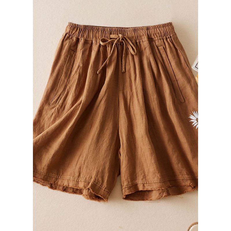 Khaki Pockets Patchwork Linen Shorts Embroideried Cinched Summer