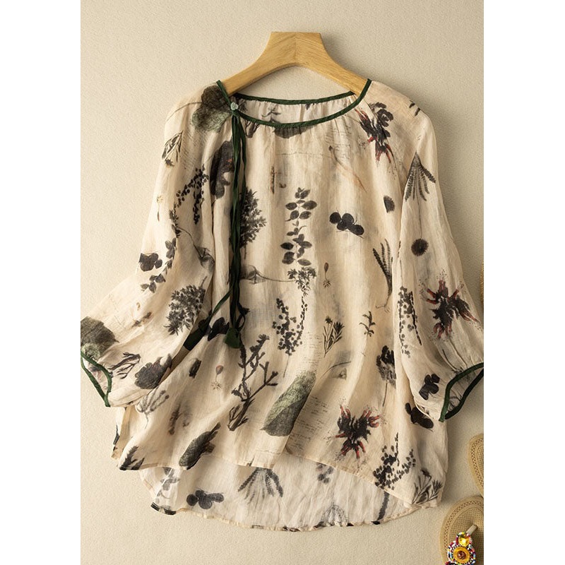 Loose Apricot O Neck Print Patchwork Cotton Shirt Tops Summer