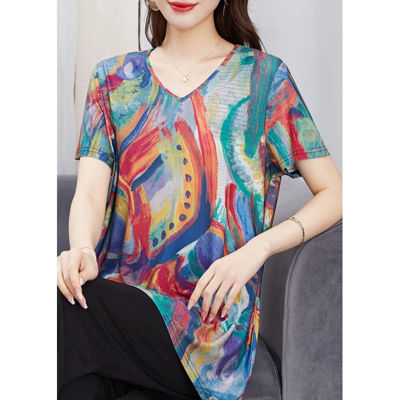 Loose Colorblock V Neck Patchwork Cotton T Shirt Top Summer