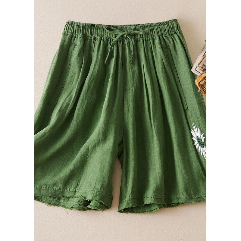 Loose Green Embroideried Pockets Patchwork Linen Shorts Summer